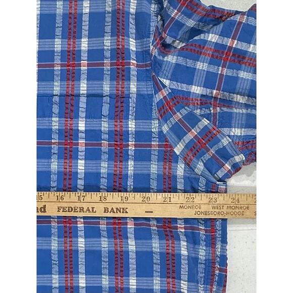 Duluth Trading Mens Button Up Shirt Size Large Blue Red White Plaid Seersucker - Picture 7 of 8